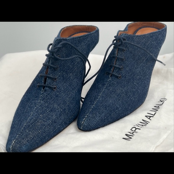 Maryam Almalki Women's Jane Lace Up Pointed Toe Navy Blue Denim Mules EU Size 39 - Picture 4 of 15